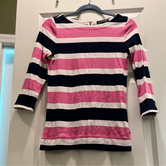 3/$19 Lauren Ralph Lauren Polo striped 3/4 sleeve zip back top - Picture 5 of 14